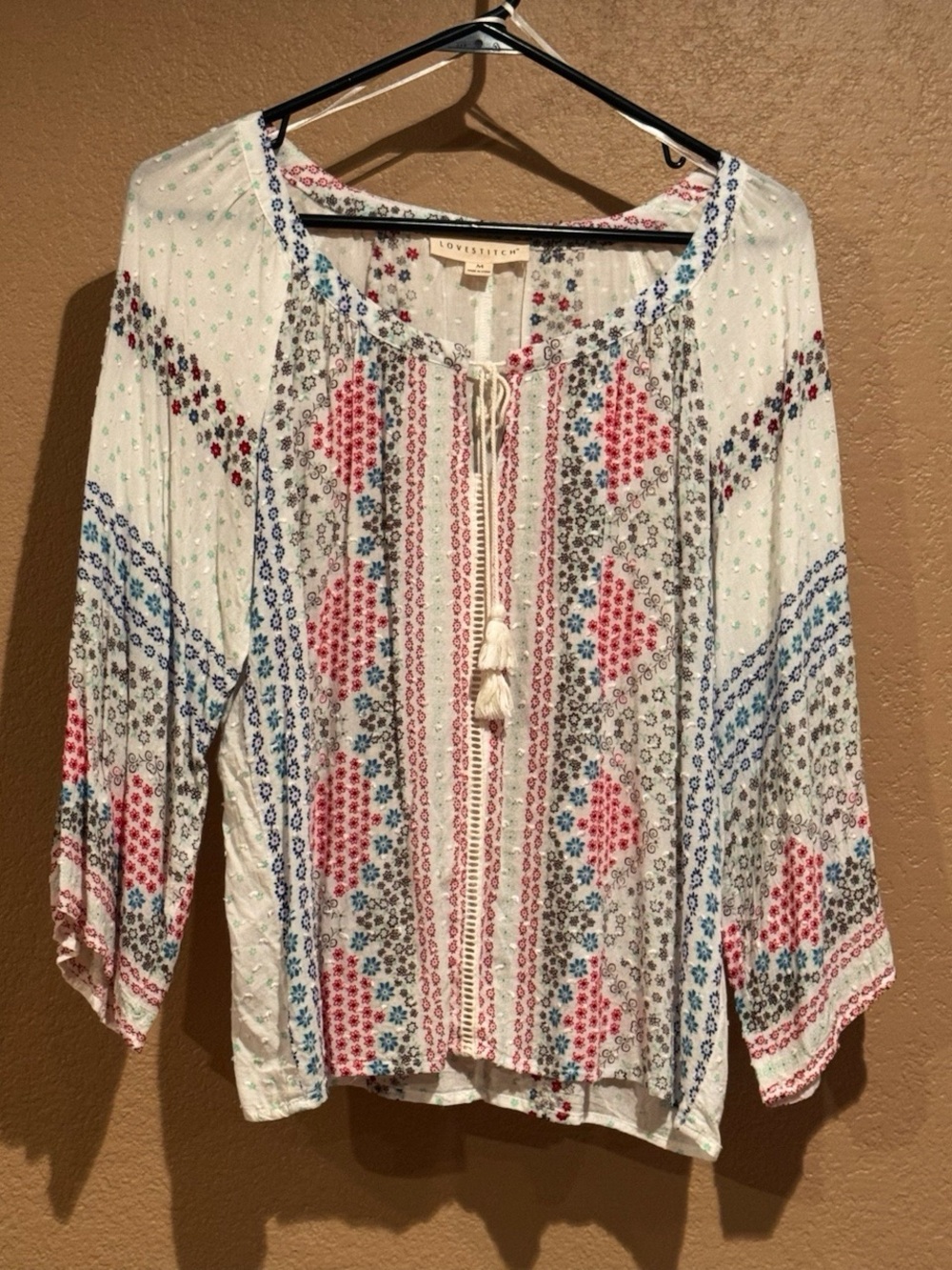 Lovestitch White Boho Peasant Blouse with Red and Blue Embroidery Size M